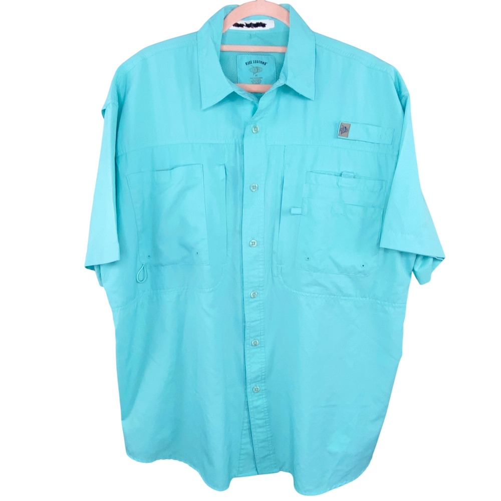 Reel Legends Fishing Shirt Mens Medium Turquoise Short Sleeve Utility Pocket PFG